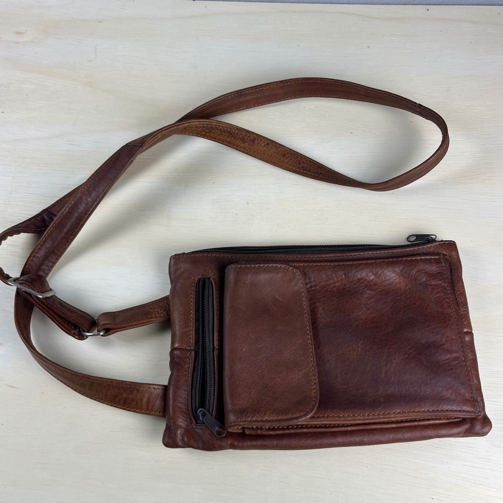 Vintage Brown Leather Crossbody Bag Small Travel Messenger Utility Pouch Pockets